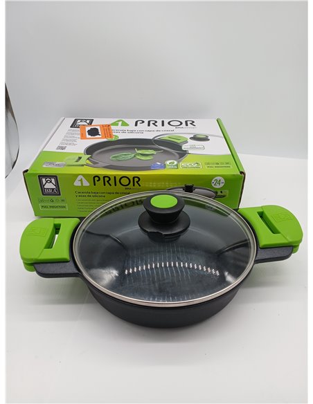 BRA Prior | Low Casserole Dish with Glass Lid and Silicone Handles, Suitable for All Hobs Including Induction and Oven, 24 cm