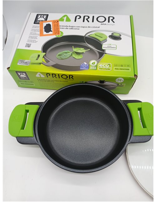 BRA Prior | Low Casserole Dish with Glass Lid and Silicone Handles, Suitable for All Hobs Including Induction and Oven, 24 cm