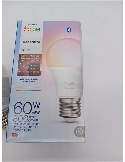 Philips Hue Essential - Bombilla Led Inteligente A60 Smart (1), luz blanca y colores, luminaria led E27 Base, 8 W, 2200 K-6500 K