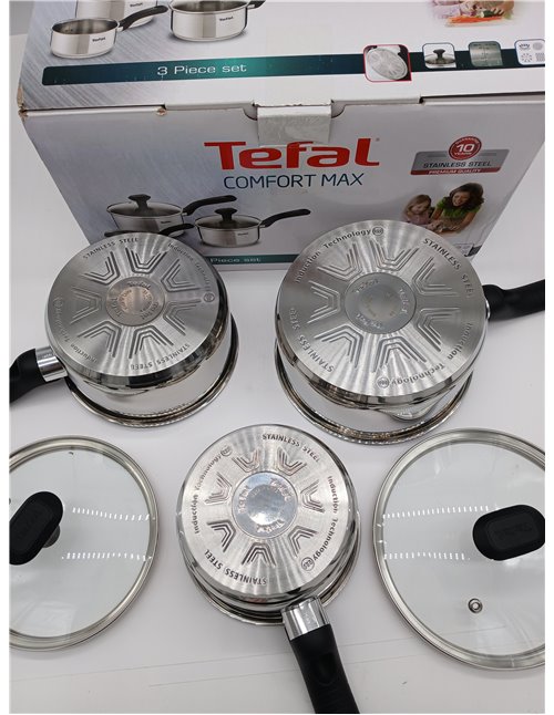 Tefal Comfort Max - Juego de 3 Cazos de 16/18/20 cm + 2 Tapas, Apto inducción, sin antiadherente, apto lavavajillas y horno, ace