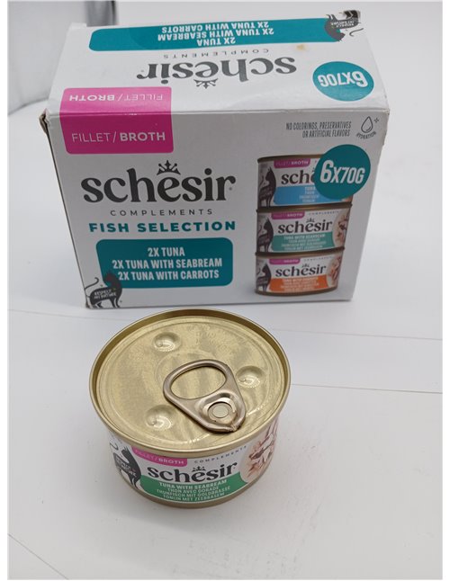 Schesir, Variety Pack, Alimento Húmedo para Gatos, en Caldo, con Vitaminas Añadidas, 100% Filetes Naturales, 6 latas de 70 g