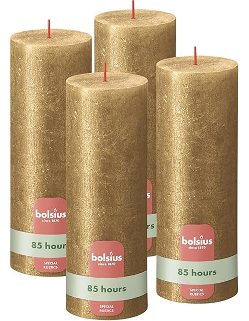 Bolsius - Vela rústica brillante de pilar - Oro - 19 cm - Paquete de 4 - No gotea - Velas perfumadas - 85 horas