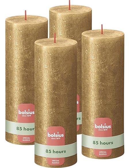 Bolsius - Vela rústica brillante de pilar - Oro - 19 cm - Paquete de 4 - No gotea - Velas perfumadas - 85 horas