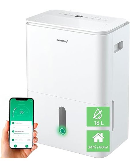 COMFEE' Deshumidificador Easy Dry 16L para Humedad interior hasta 34 m2 / 80 m3 - Deshumificador Silencioso con App Control - De