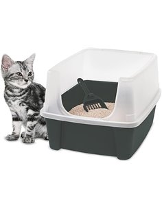 Iris Ohyama Katzenklo mit Schaufel, bis 7 kg, Grau, offen, ohne Deckel, Katzentoilette, hoher Abnehmbarer Rand, Für große Katzen