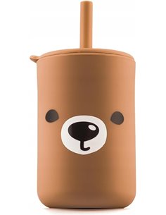 kidnort Taza de silicona con pajita y tapa para niños, 200 ml, diseño de oso (marrón)