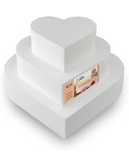 MCE-Commerce A3997913 Styropor Herz-Torte Set dreistöckig H 5cm, 10cm 15cm 20cm, weiss, 20x20x15cm