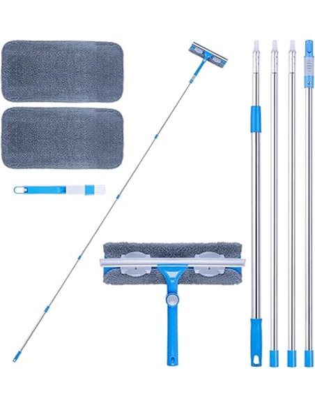 Mitclear 3,7m Limpiacristales 3 en 1 de Extensible, Limpiacristales Largo con Palo Telescópico, Cabezal(31cm) Giratorio de 180°,