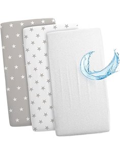Sábanas Ajustables para Cochecito de bebé Juego de 3: 83 x 50 cm - 2 sábanas + 1 Protector de colchón Impermeable - Accesorios p
