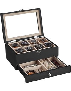 SONGMICS Caja de Relojes con 8 Ranuras, Estuche de Relojes de Madera de 2 Niveles con Tapa de Cristal, Almohadillas, Forro de Te