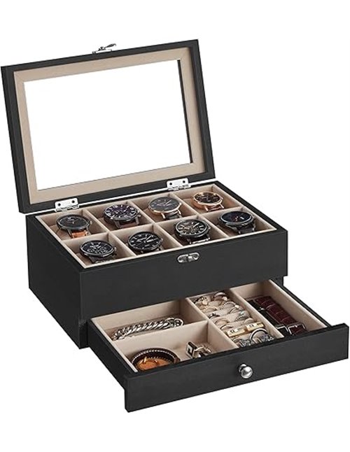 SONGMICS Caja de Relojes con 8 Ranuras, Estuche de Relojes de Madera de 2 Niveles con Tapa de Cristal, Almohadillas, Forro de Te