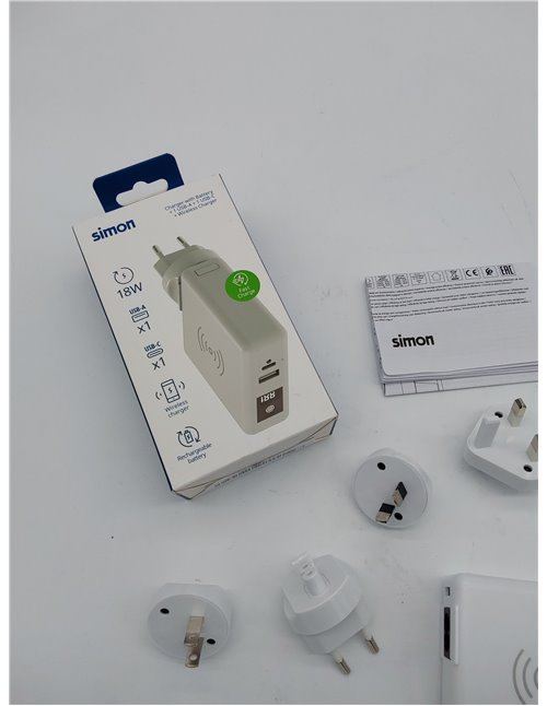 SIMON - Cargador Inalámbrico de Carga Rápida, Adaptador de Viaje 3 en 1, con 2 Enchufes USB, Batería Portátil con Interruptor, A