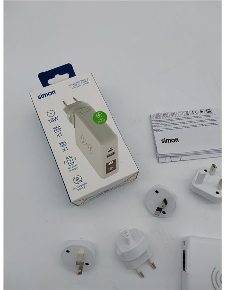 SIMON - Cargador Inalámbrico de Carga Rápida, Adaptador de Viaje 3 en 1, con 2 Enchufes USB, Batería Portátil con Interruptor, A