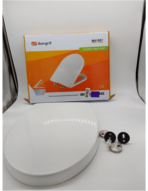 Ibergrif M41001 Tapa wc, Asiento de Inodoro de Cierre Suave en Forma de D con Liberación Rápida para una Fácil Limpieza, Blanco 