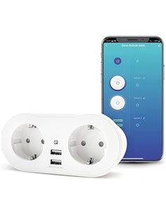 Garza Smart, Enchufe Wifi doble inteligente con 2 tomas y 2 puertos USB, programable, WiFi 2.4 GHz, con medidor de consumo, cont