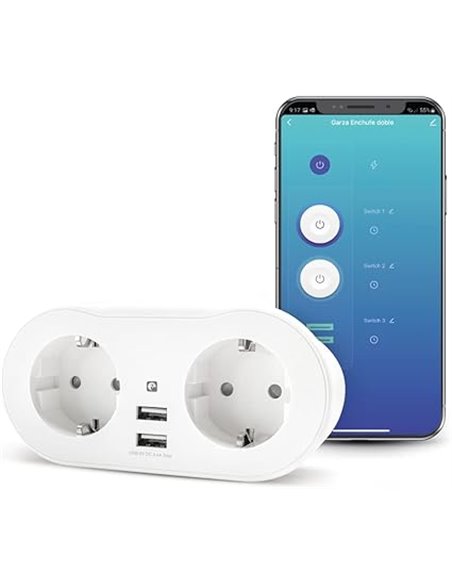 Garza Smart, Enchufe Wifi doble inteligente con 2 tomas y 2 puertos USB, programable, WiFi 2.4 GHz, con medidor de consumo, cont